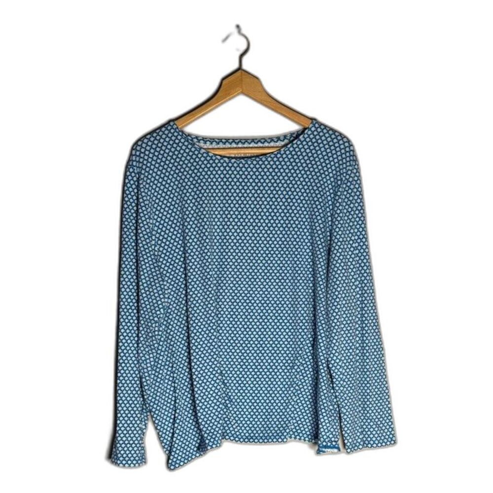 Talbots Woman 3X Blue White Geometric Print Boatneck Top Long Sleeve Knit